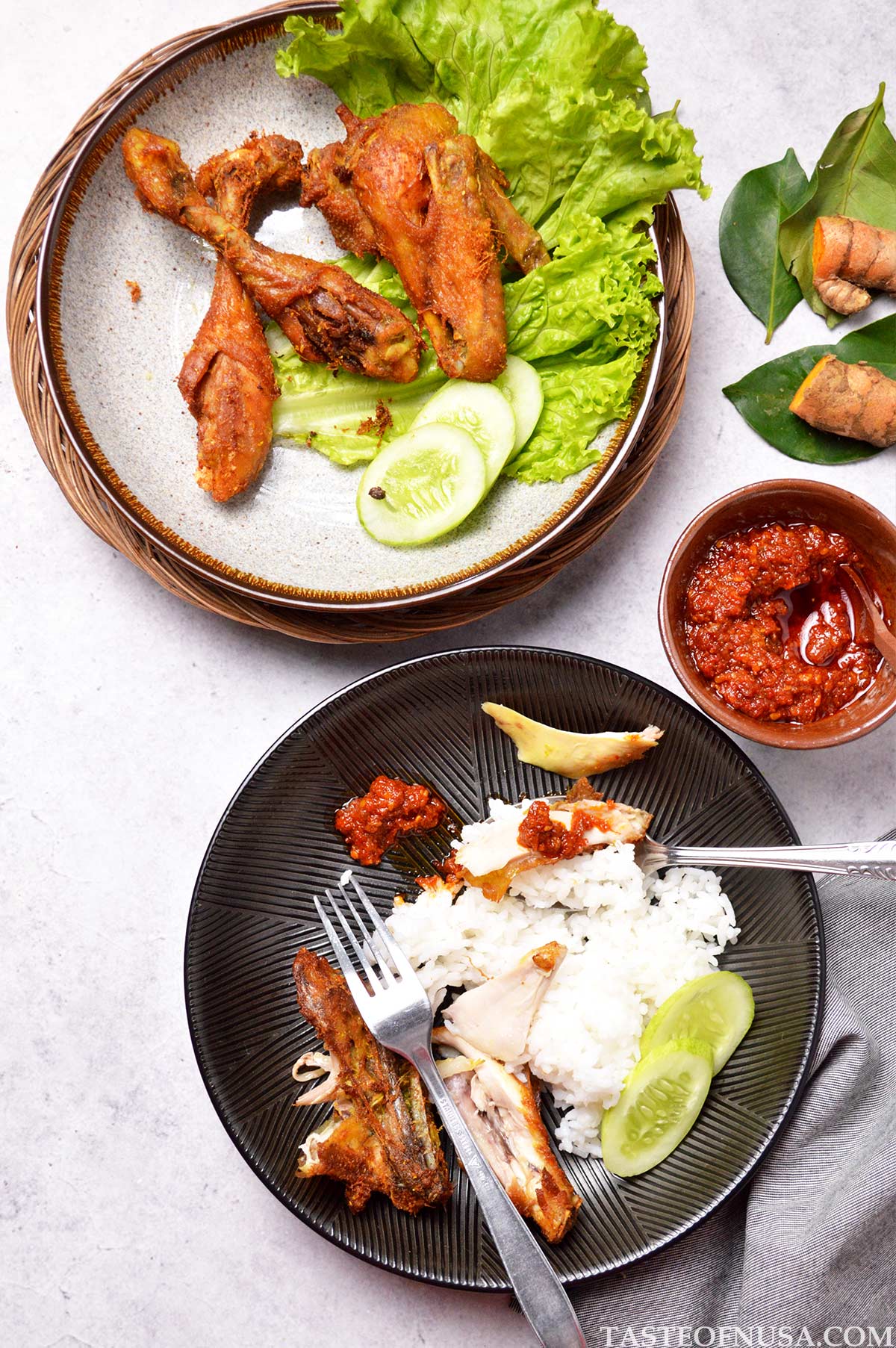 ayam goreng ungkep (indonesian fried chicken) with rice and sambal terasi