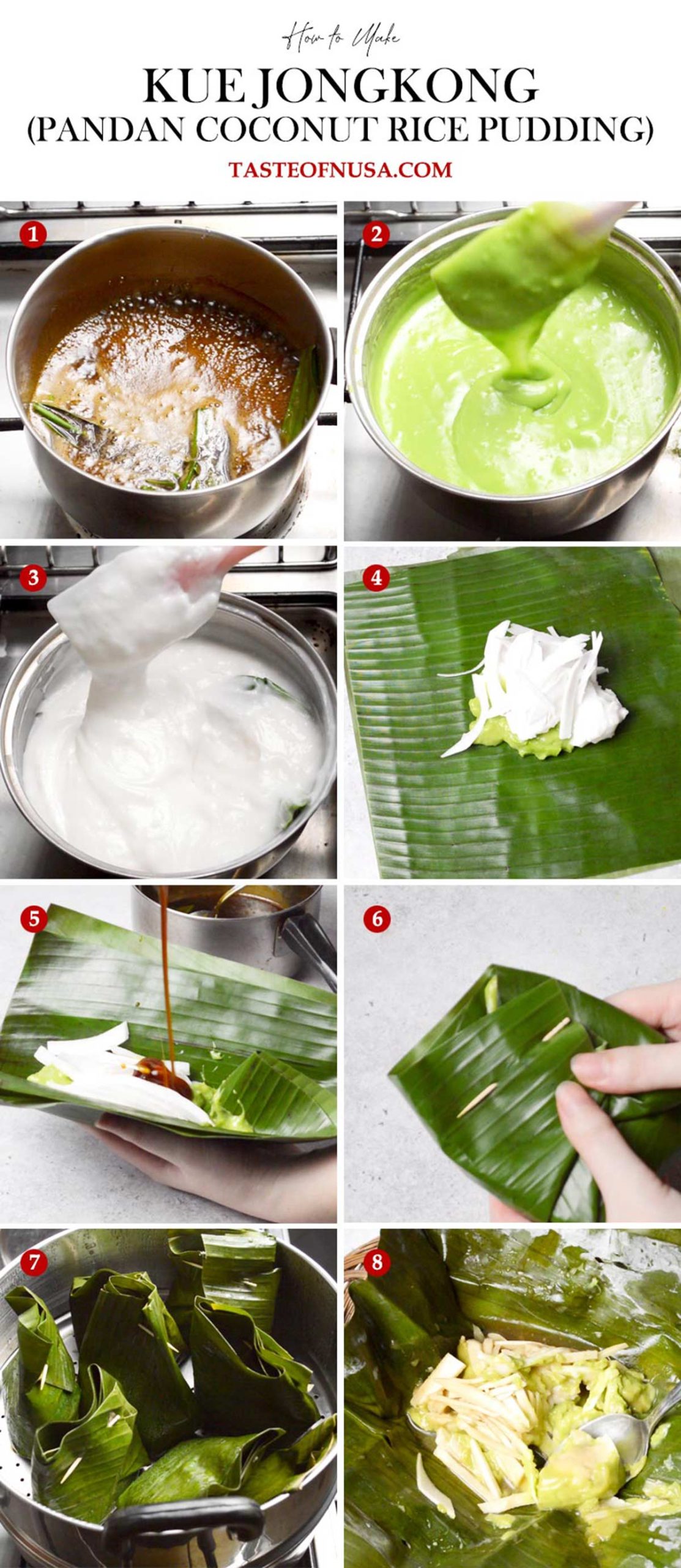 how to make kue jongkong pandan coconut rice pudding wrapped in banana leaves
