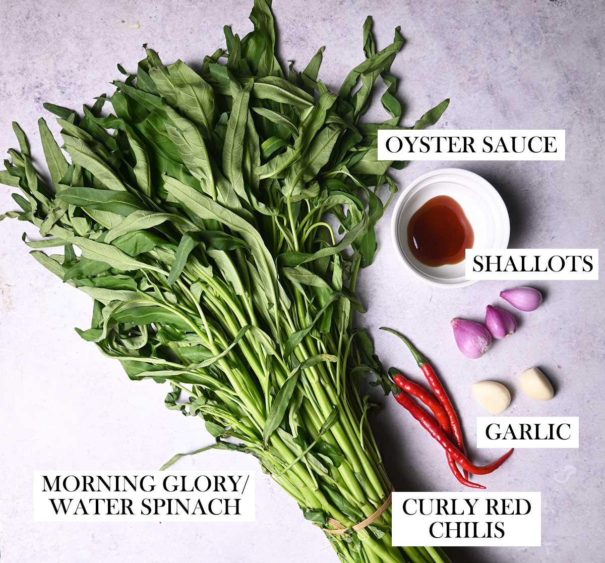 simple and easy morning glory water spinach stir fry ingredients