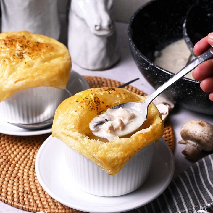chicken mushroom cream soup with puff pastry on top